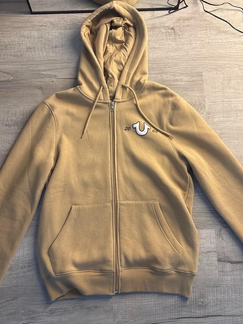 True Religion Men's Light Tan Zip-Up Hoodie with Logo